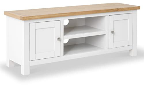 Farrow White TV Unit for Living Room | Roseland Furniture Fully Assembled 120cm Large Painted Solid Wooden Television Cabinet Stand with Oak Top | Suitable for TVs up to 54 inches