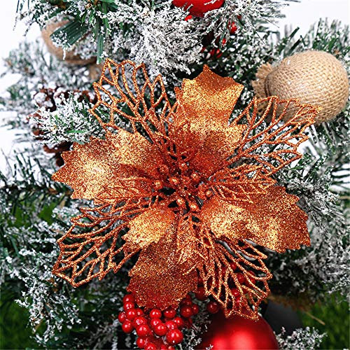 GLITZFAS 12 Stück Glitter Weihnachtsbaum Dekoration, Weihnachtsbaumschmuck Ornament Weihnachten Blumen Dekor, Christbaumanhänger (Orange,16 cm)
