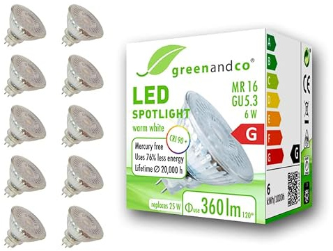 10x greenandco CRI 90+ 3000K 110° LED-spot ersätter 25W GU5.3 MR16 halogenstrålkastare, 6W 360lm varmvit 12V AC/DC, flimmerfri, inte dimbar