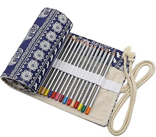 Sac à Crayon de Toile avec 72 Trous, Rouleau pour Crayons de Couleur Trousse à Crayons Kit de Croquis Dessin de Sac Multi-usages Pochette de Rangement (Crayons Non Inclus）(Éléphant)