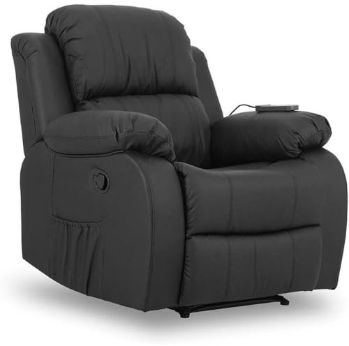 Don Descanso - Sillón Masaje Relax Calor Trevi Negro Reclinable 160º con 8 Motores Silenciosos, Calor Lumbar, Sist. Masaje 4 Zonas y Acabado en PU Anti-Cuarteo [Incluye Mando]. Ideal Gente Mayor
