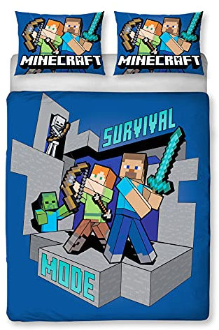 Minecraft Survive Duvet Cover Officially Licensed | Reversible 2 Sided Survive Design with Matching Pillowcase, Polycotton, Blue (Double)