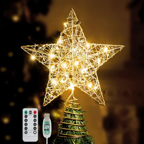 Roylvan Christmas Tree Topper with Remote & Timer, 9.8 Gold Beaded Star