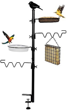HRAYLTOP Die hängend Vogelfutterspender und Vogeltränke - mit Höhe 92cm 2-in-1 Metall Balkonhalterung，Komplettset inkl Vogeltränke und Futterteller für Mehlwürmer Körner Erdnüsse, Vogelbad [Schwarz]