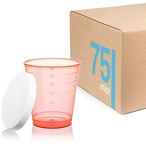 Tuuters 75 bicchieri per medicinali, 30 ml, infrangibili, bicchieri per liquori, bicchieri medicinali (rosso + coperchio)