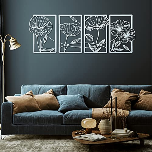 Cunno 4 decorazioni da parete in metallo da 41,5 x 30 cm, decorazione da parete floreale minimalista da appendere estetica moderna per soggiorno, camera da letto, bagno, cucina, decorazione (bianco)