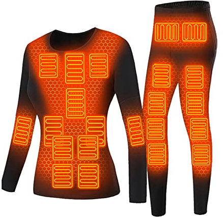 Vinter elektriska uppvärmda underkläder set motorcykelkläder dam fleece termiska toppar byxor 22 områden skiduppvärmning kroppsdräkt, svart, 3XL (Byst:100 cm)