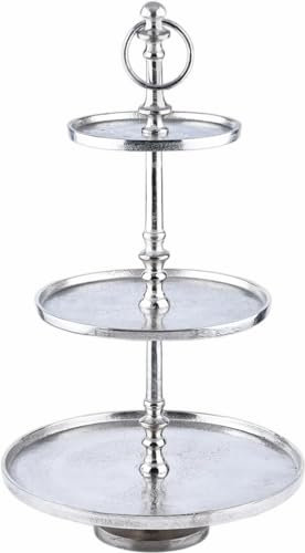 Marrakech Présentoir esthétique à 3 étages rond argenté 48 cm de haut | Plateau à 3 plateaux comme décoration moderne pour bar à bonbons pour cuisine ou salon | Présentoir à cupcakes en aluminium