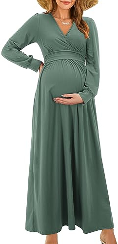 OUGES Fall Maternity Maxi Dresses Long Sleeve Wrap V Neck Baby Shower Dress Maternity Clothes 2025(Gray Green,XL)