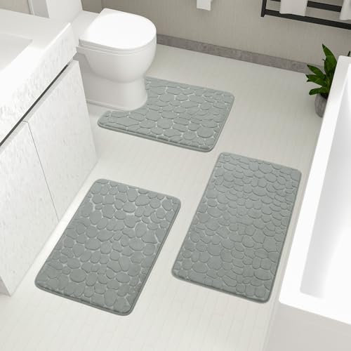 chakme Badezimmer Teppiche Sets 3 Stück, Cobblestone Memory Foam Badezimmer Matten Set dick, Anti-Rutsch-Badematten für Bad,absorbierend waschbar hellgrau Badteppiche für Wanne, WC und Boden
