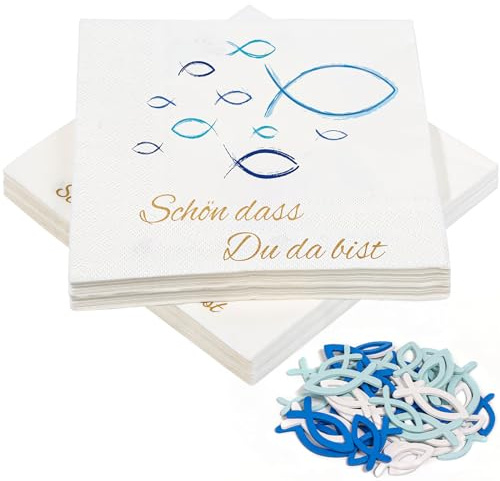 40 Stück Blaue Fisch Servietten und 45 Stück Holz Fische Deko, Schön, dass du da bist!', Fisch Tischdeko für Taufe, Kommunion, Konfirmation oder Andere festliche Anlässe, 33 x 33cm