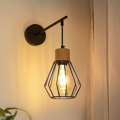 Mckalen Lampada da Parete Interno Vintage E27, Applique da Parete Legno e Metallo, Lampada da Muro Ferro Paralume Gabbia, Nero Applique Scale Industriale per Camera da Letto Soggiorno Corridoio