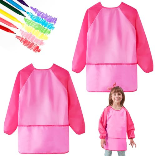 Epokus 2 Stück Malschürze Kinder, Rosa Wasserdicht Malkittel, Schürze Kinder Malen, Tuschkittel mit Ärmeln, Einstellbar Bastelschürze für Schule Kunst Malerei, Kochen für Junge und Mädchen, 2×Rosa