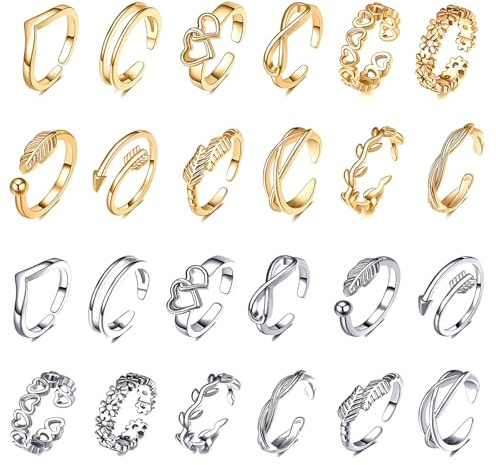 SREBIWO 24Pcs Toe Rings Set for Women, Gold Silver Plated