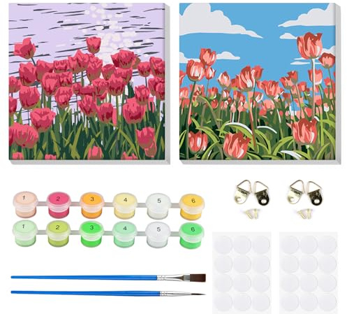 MOGTAA 2 Pack Flor Pintar por Numeros Adultos Principiantes con Marco, Kit DIY Cuadros para Pintar por Numeros, Paisaje Paint by Numbers Kits, Decoración para el Hogar 20x20cm