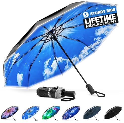 G4Free 42 Inch Eco Windproof Folding Umbrella for Rain & Sun 9 Ribs Wind Resistant Fiberglass Double Canopy with Reflective Strip for Women Men Auto Open Close UPF 50+ UV Protection