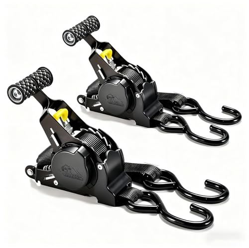 Retractable Ratchet Straps - Self-Retracting Tie Down Straps, 10 ft and 1500 lbs Tensile Strength, Heavy Duty Stainless Steel S-Hooks, for Securing Cargo, Trucks, Motorcycles, Boats (2 Packs)
