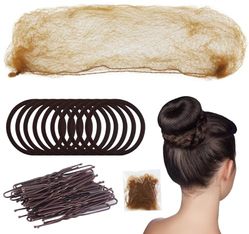 Juego de 84 redecillas invisibles marrones para el pelo, 32 redecillas invisibles con borde elástico, 40 horquillas en forma de U y 12 bandas elásticas para el pelo para niñas, mujeres, bailarines de