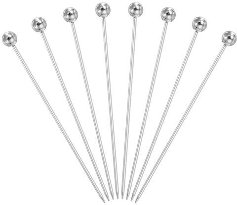 sourcing map 8 Stück Edelstahl-Cocktailspieße, 10,8 cm, Martini-Picker, Obstspieße, Metallspieße, wiederverwendbar, für Getränke, Oliven, Vorspeisen, Obst, dekorativ, Silber (Perle)