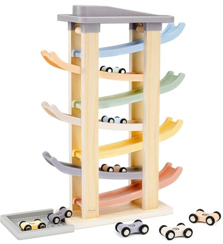 Joyreal Wooden Car Ramp Toy - Montessori Toys for 1 2 3 Years Old, Ramp Racer Toy Vehicle Set with 8 Mini Cars & Race Tracks & Car Garage, Toddler Travel Toys Gifts for Boys Girls
