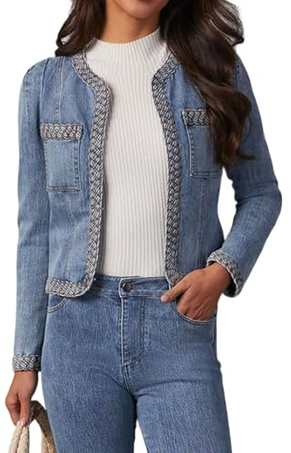 loveimgs Women Vintage Fitted Denim Blazer Jean Jacket Patchwork Plait Open Front Cropped Denim Top Suit Jacket Coat (Medium, Blue)