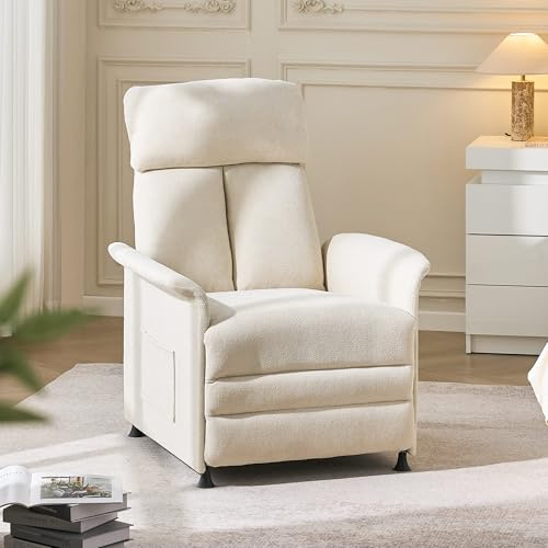 CLIPOP Recliner Chair with Adjustable Back and Footrest 130°-180°, Padded Lounge Reclining Armchair Fabric, Recliner Sofa Single with Side Pocket for Bedroom Living Room (cream)