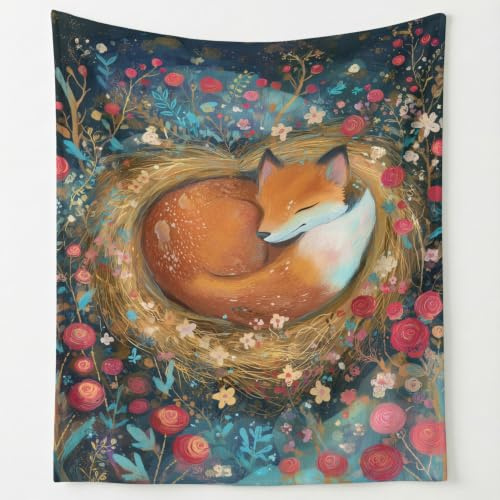 Dreamy Elegant flanellfilt, gosig filt, 180 cm x 200 cm, mysig romantisk helande djur, räv, blommor, supermjuk filt, varm, fluffig, tryckt filt, mikrofiberfilt, soffilt,