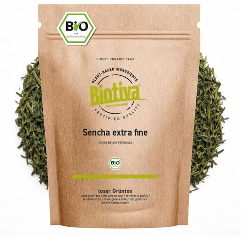 Sencha thé vert bio 250g - prix exceptionnel - paquet de réserve pour 100 tasses - doux, légèrement herbacé, tout en étant finement amer et fleuri - certificat Fairbiotea - Biotiva