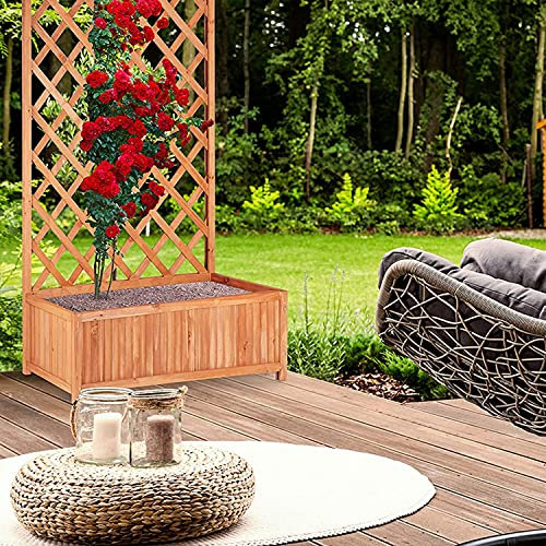 tradefirst Freestanding Wooden Planter Box With Trellis, Rectangular Flowerpot With Lattice, Climbing Plants Trough, Flower Raised Bed Outdoor Garden Lattice Planter (H100cm x W62cm x D23cm)