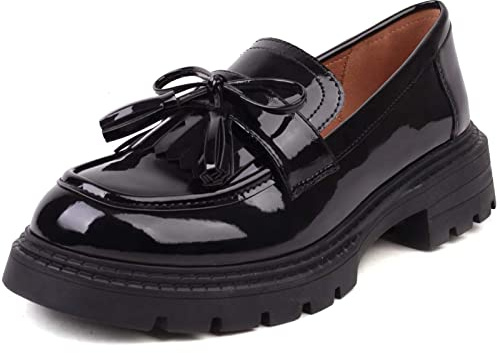 British Style Women's Fashion Loafers, Patent Leather Tassel Loafers, Black Thick-Soled Loafers, Slip-on Thick-Soled Loafers, Simple Casual Flat Shoes,002black,size7.5…
