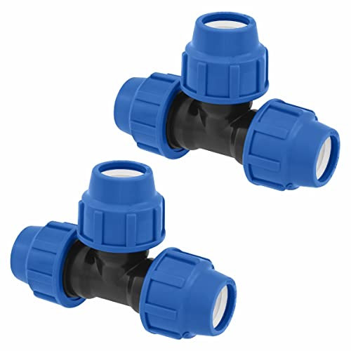 SmartProduct T-Stück PE Rohr Fitting 20mm x 20mm x 20 mm Verschraubung PN16 DVGW Trinkwasser zertifiziert – Klemmverbinder – PP T Stück Kupplung kompatibel mit PE80 PE100 Rohren - 2er-Pack