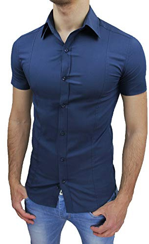 Camicia Uomo Slim Fit Estiva a Maniche Corte Aderente Elasticizzata (L, Blu)