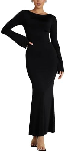 BKEPDY Vestito Donna Maniche Lunghe Sexy Maxi Abito Bodycon Elegante Vestito Lungo da Sera Tinta Unita Nero Abito da Festa Abito da Cocktail