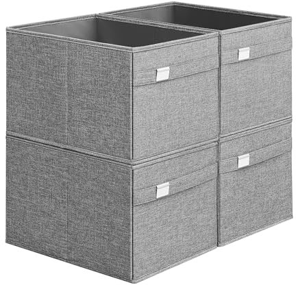 SONGMICS Storage Organisers, Set of 4 Wardrobe Storage Baskets, 40 x 30 x 25 cm, 2 Handles, Foldable, Oxford Fabric and Linen-Look Fabric, Washable, Metal Label Holders, Dove Grey ROB240G04