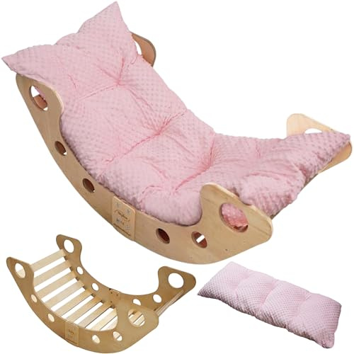 Skyline Balancelles Bascule Enfant Montessori Bebe 1 an Escalade Arche en Bois Mur descalade meble Arc à Grimper Bascule d'équilibre Portique d'escalade avec Coussin L Rose
