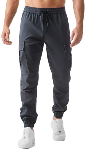 Elegancity Mens Cargo Work Combat Trousers Regular Fit Casual Jogging Pants Drawstring Sweatpants with Pockets (Grey, M)，34