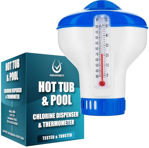 AQUAVERITY Chlorine Dispenser for Hot Tub with Built-in Thermometer – Floating Chlorine Dispenser for Hot Tubs, Pools, and Spas – Adjustable Flow Control, Durable Design