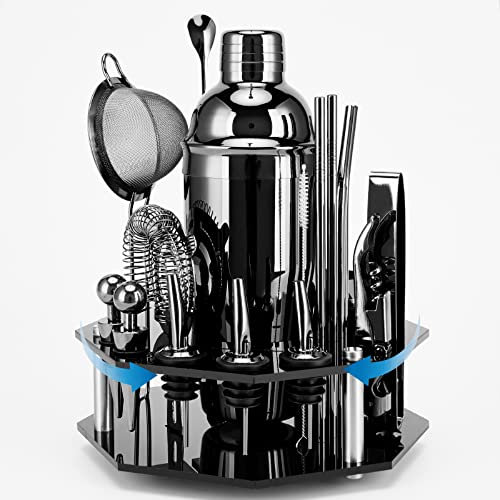 Set da cocktail da 21 pezzi | shaker da cocktail con supporto girevole | shaker in acciaio inox durevole con accessori | inclusa scatola regalo nera elegante | set bar (nero 1)