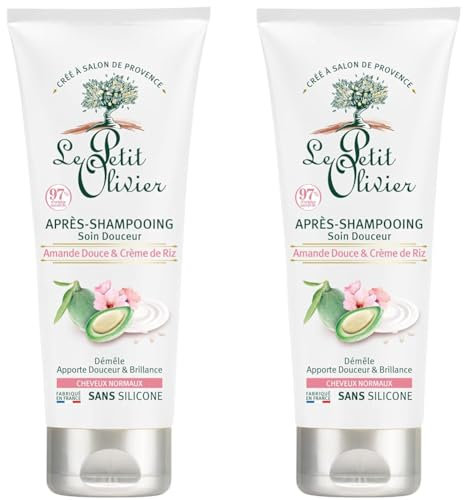 LE PETIT OLIVIER - Après-Shampooing Soin Douceur - Amande Douce & Crème De Riz - Démêle & Adoucit - Cheveux Normaux - Sans Silicone - Fabriqué en France - 200 ml (Lot de 2)
