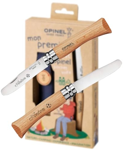 Opinel Mein erstes Taschenmesser mit Holzgriff und Etui | Kinder Schnitzmesser persönliche Gravur | vorne abgerundete Spitze | rostfrei | Virobloc | Geschenk