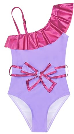 Jxstar Girls One Piece Swimsuit Metallic Ruffle Bathing Suit One Shoulder Swimwear with Decorative Waist Tie & Headband, 4-5T