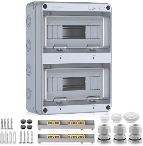 Kamtop Surface-Mounted Distribution Box, IP65 Fuse Box, Surface-Mounted, 2 Rows, 24 Modules, Small Distribution Box with 5 Terminals, 7 Connectors for Outdoors, Garden, Farm, Shop