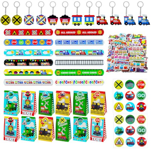 Hmfmdy Tren para fiestas de cumpleaños infantiles, 86 piezas de regalos de tren, juguetes de regalo para coches de carreras, accesorios de fiesta de cumpleaños, suministros de fiesta, decoración de