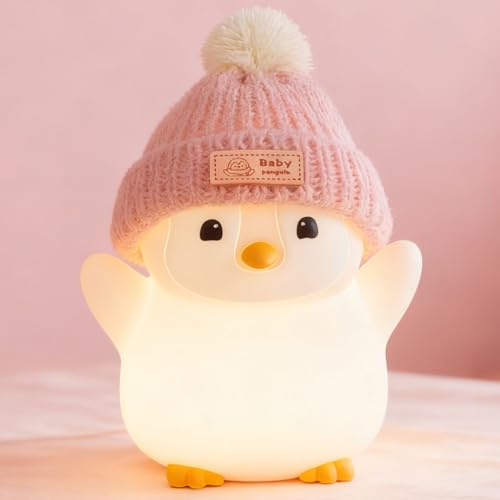 FAMIDUO Luce notturna a forma di pinguino, graziosa lampada a forma di pinguino rosa con cappello lavorato a maglia, luce notturna in morbido silicone per bambini, ricaricabile/dimmerabile/timer