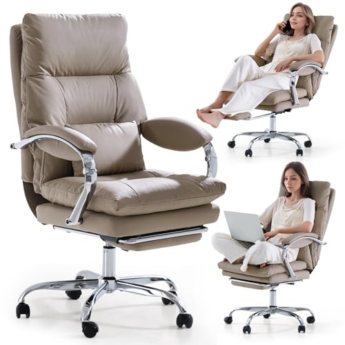 EMIAH Silla de Oficina Ejecutiva con Reposapiés,Silla de Escritorio con Reposabrazos,Silla Ergonómica Acolchado Reclinable de Cuero PU con Ruedas,Silla de Ordenador Giratoria con Cojín Grueso, Caqui