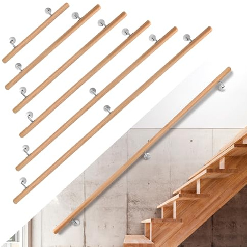 Hebitod Barandilla de madera de haya para escaleras, 150 cm, barandilla con soporte de pared, pasamanos de madera antideslizante, escalera de pared para escaleras, pasillos, escaleras de jardín