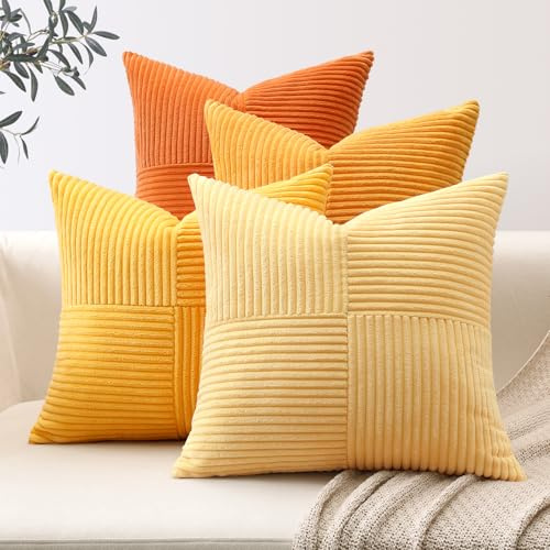Sungeek Lot de 4 Housse de Coussin 45x45 cm en Velours Côtelé, Housse Coussins Bohème Patchwork à Rayures Croisées Doux Taies d'oreiller Décoratives pour Lit Canapé Chambre Salon, Orange