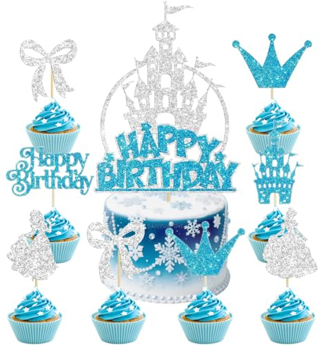 25 Pezzi Castello di ghiaccio Cupcake Topper-Blu argenteo-Compleanno principessa-Corona glitter-decorazioni per torte-forniture per feste-Compleanno per bambini-Matrimonio-Festa a tema invernale