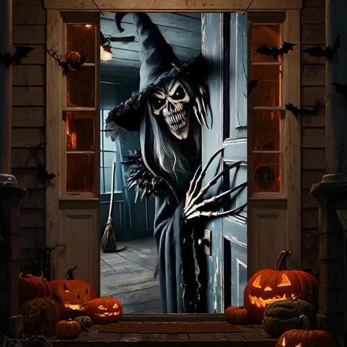 ILMFMY Bannière de porte d'Halloween - 180 x 90 cm - Sorcière effrayante avec aspect squelette - Décoration de porte horreur en polyester - Résistante aux intempéries - Bannière d'Halloween pour porte