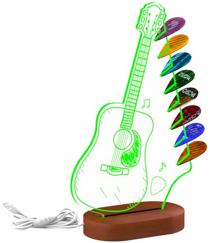 Alyoen Light Up Guitar Pick Holder for 8 Picks Storage, 7 Color Options Acrylic Guitar Headstock Shaped Pick Holder with Wooden Base and Display, Guitar Accessories Gift for Guitar Players Guitarists